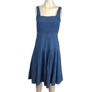 J. CREW - WOMEN'S 0- BLUE DENIM SLEEVELESS SQUARE NECK PLEATED FIT & FLARE DRESS